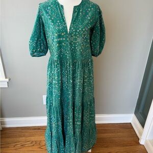 Oliphant Teal and Gold Puff Sleeve Maxi Dress